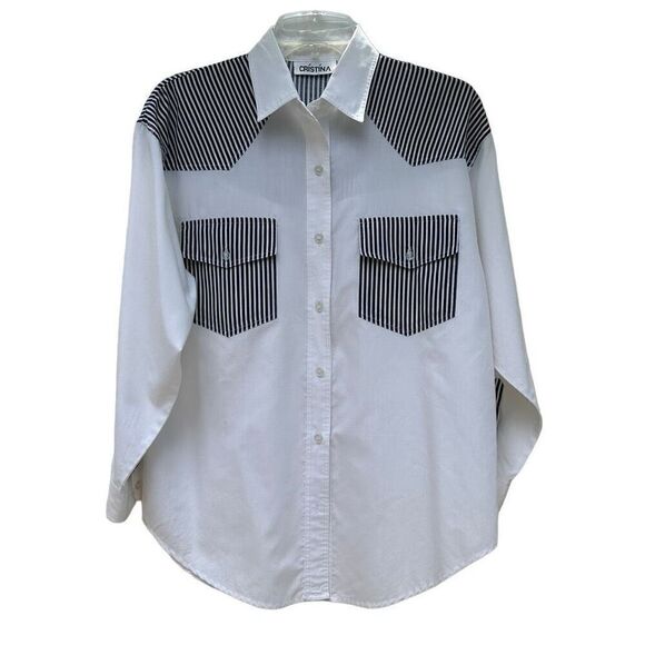 Cristina Button-Up Shirt Women's Small Blue & White Long Sleeve Striped Trim - Picture 1 of 10
